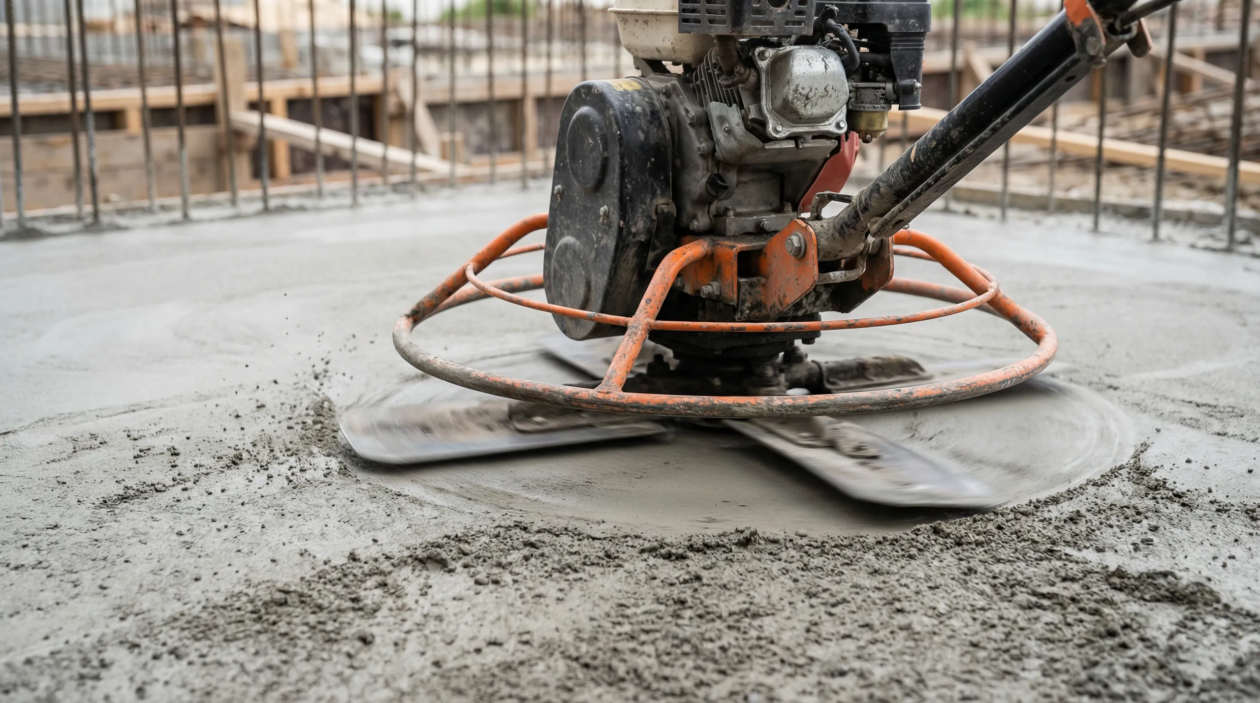 Maszynowe wygładzanie świeżej wylewki maszynowej zacieraczką na placu budowy